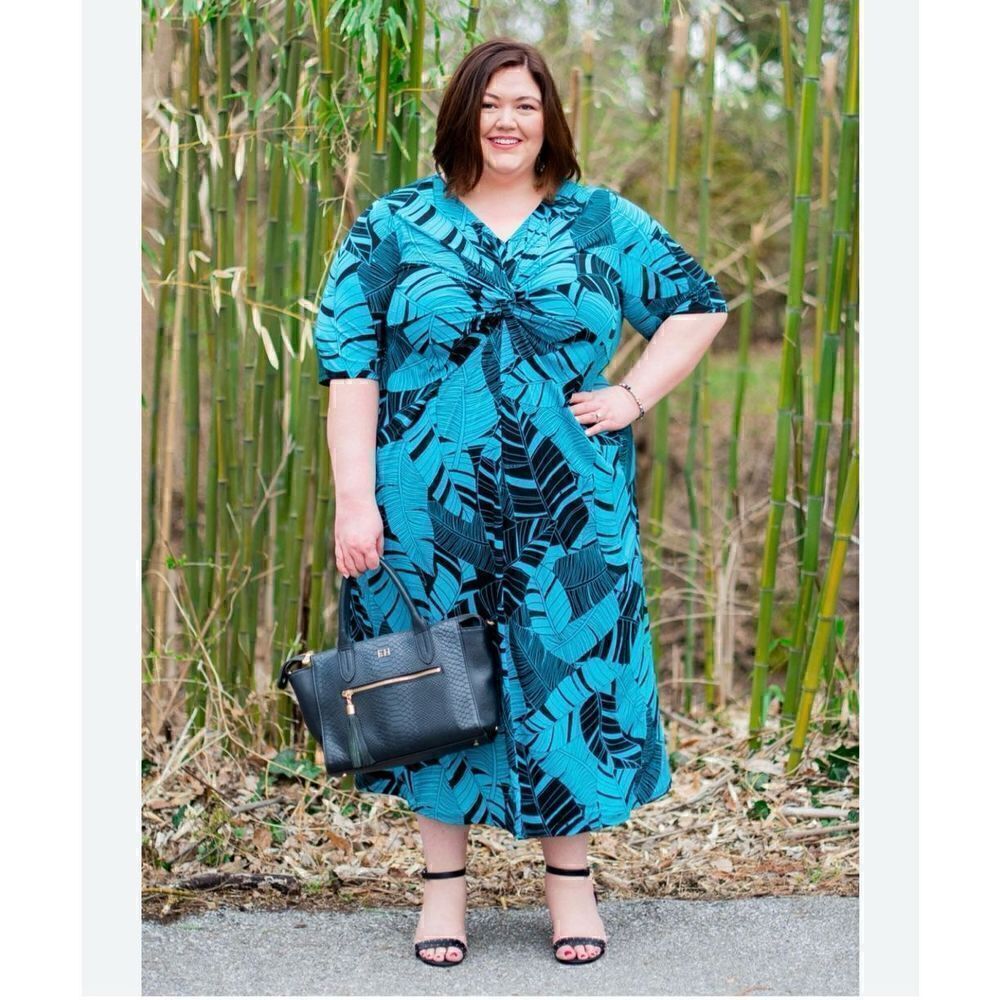 Catherines Women’s Plus Size Palm Twist-Knot Teal and Black Foliage Midi Maxi Dr